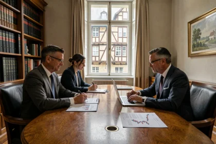 Deux conseillers en gestion de patrimoine en Normandie discutant de stratégies financières dans un bureau classique avec architecture normande visible en arrière-plan