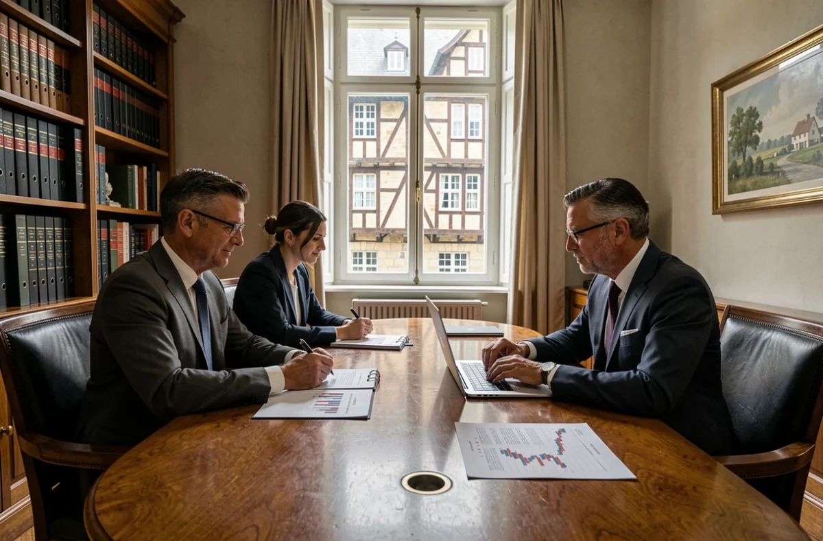 Deux conseillers en gestion de patrimoine en Normandie discutant de stratégies financières dans un bureau classique avec architecture normande visible en arrière-plan