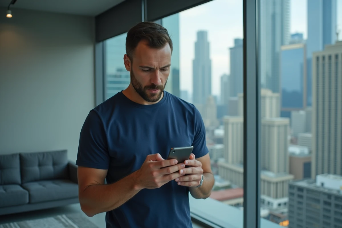 Homme consultant son compte bancaire Ca-centrest sur smartphone depuis une application mobile sécurisée dans un appartement moderne