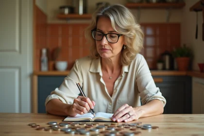 Femme convertissant des francs en euros avec des pièces et des notes manuscrites sur une table en bois