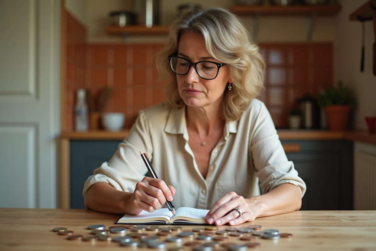 Femme convertissant des francs en euros avec des pièces et des notes manuscrites sur une table en bois