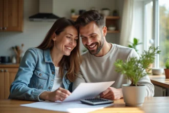 Couple souriant examinant des documents de prêt immobilier