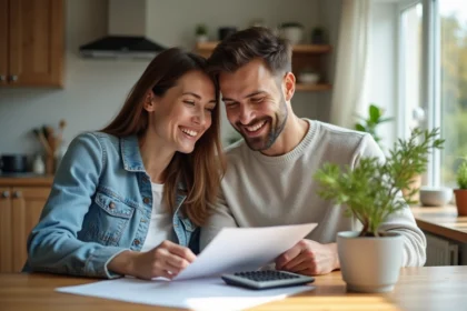 Couple souriant examinant des documents de prêt immobilier