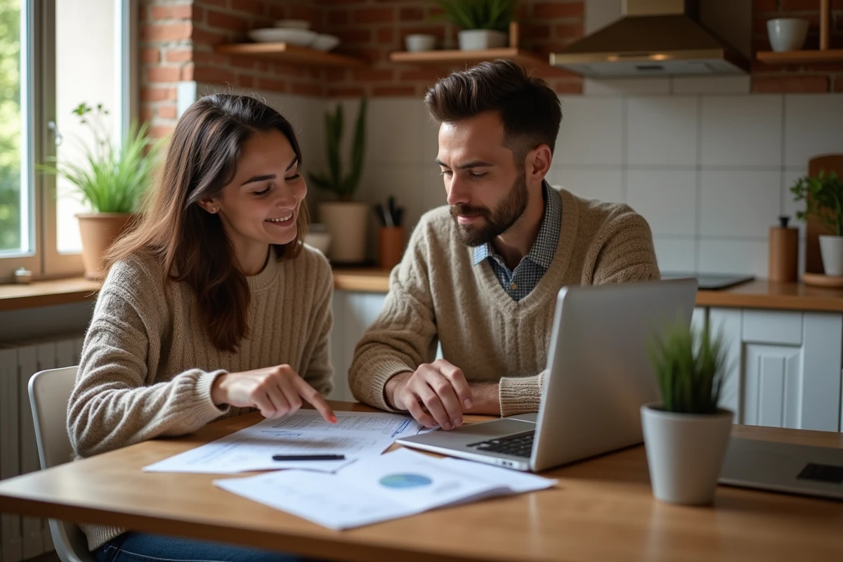 Couple en train d'examiner des documents financiers sur un ordinateur portable à la table de cuisine pour optimiser une demande de prêt trésorerie