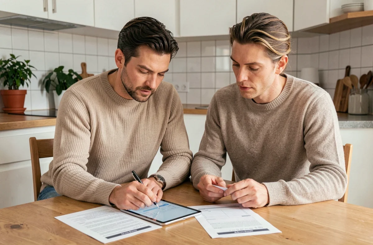 Couple préparant un dossier de financement locatif à domicile avec documents et tablette numérique