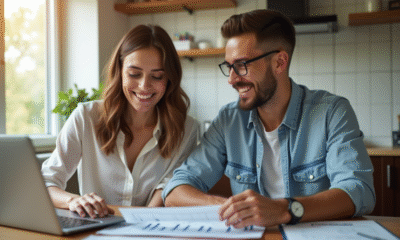 Jeune couple analysant des documents financiers à la maison