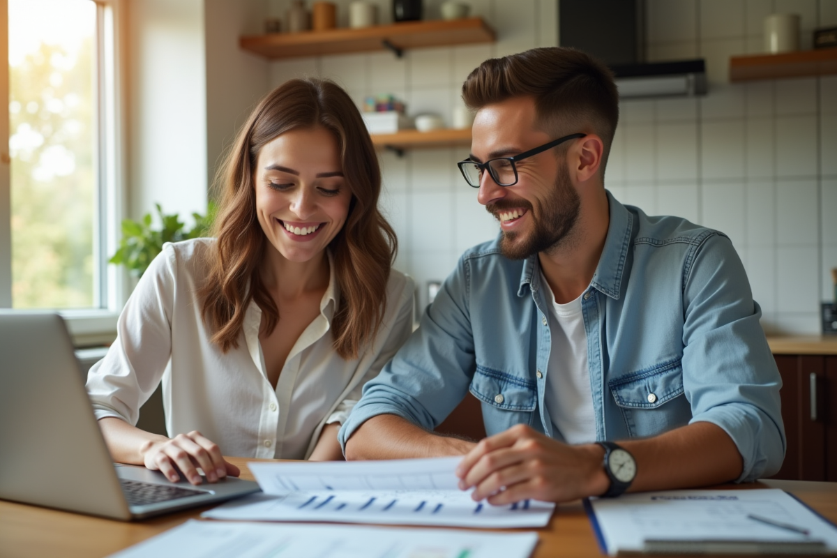 Jeune couple analysant des documents financiers à la maison
