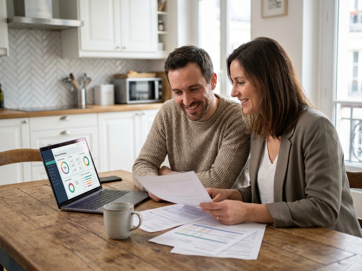 Couple de fonctionnaires analysant leurs avantages financiers à domicile sur ordinateur