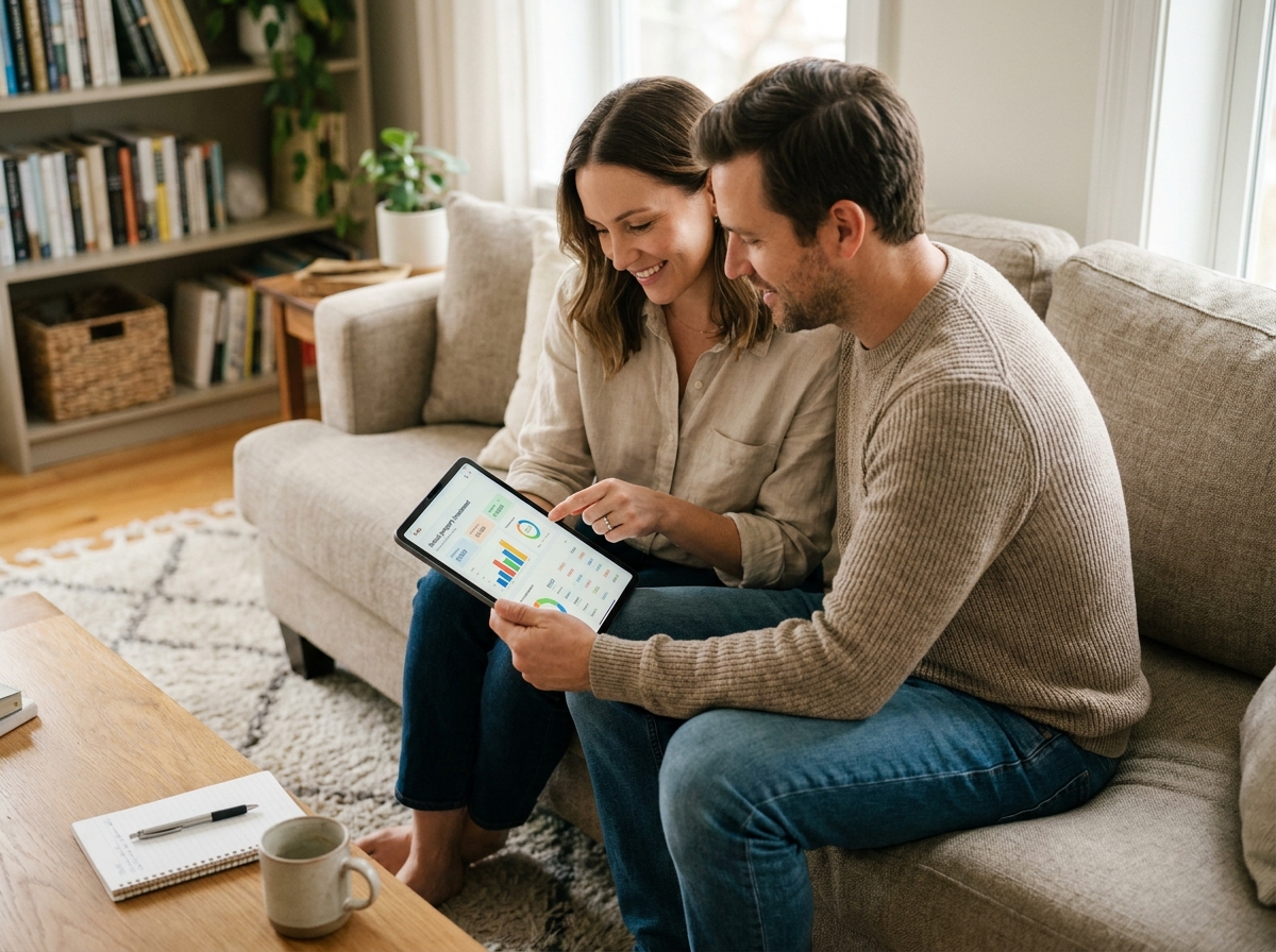 Couple d'investisseurs immobiliers consultant un tableau de bord de gestion locative sur tablette pendant leur week-end