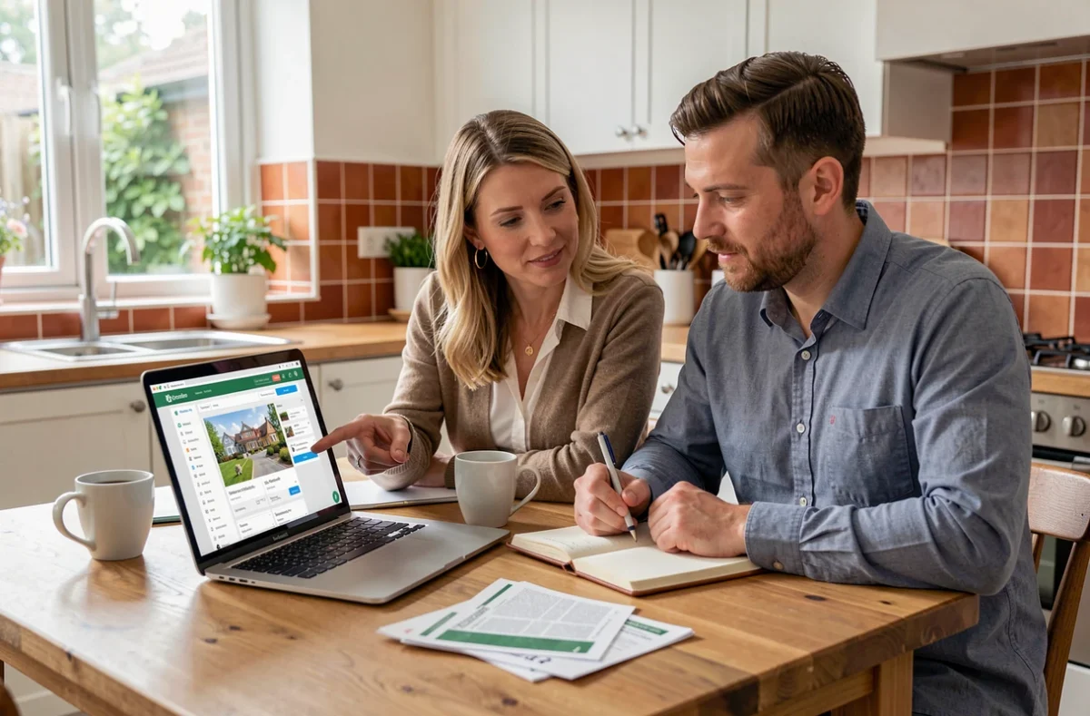 Couple étudiant un investissement en SCPI sur un ordinateur portable à la table de leur cuisine moderne