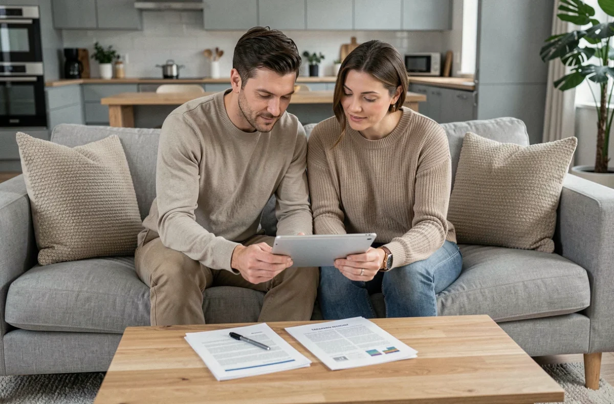 Couple consultant des documents pour ouvrir un compte bancaire en ligne ensemble dans leur salon