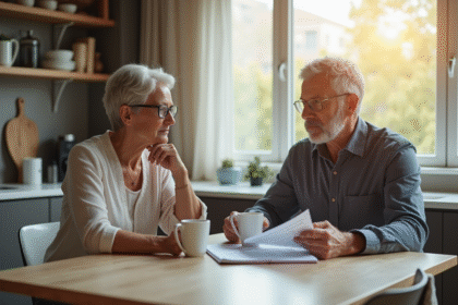 Couple mature examinant des documents de retraite à la maison