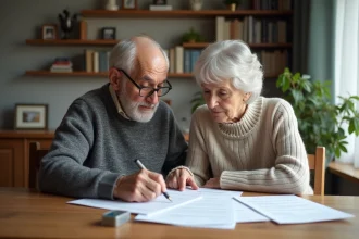 Couple retraité examinant des papiers fiscaux à la maison