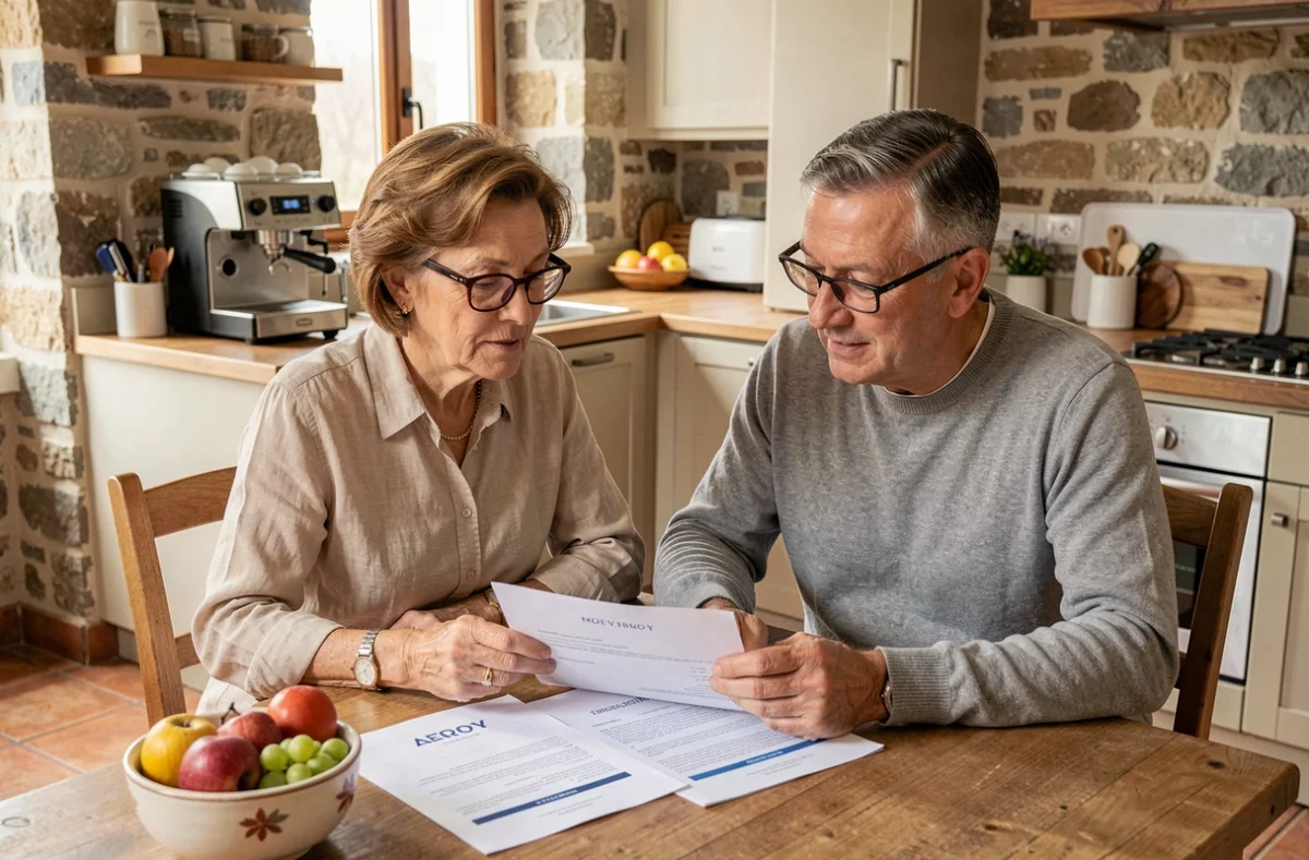Couple de retraités étudiant un rapport sur les SCPI Amundi à leur domicile
