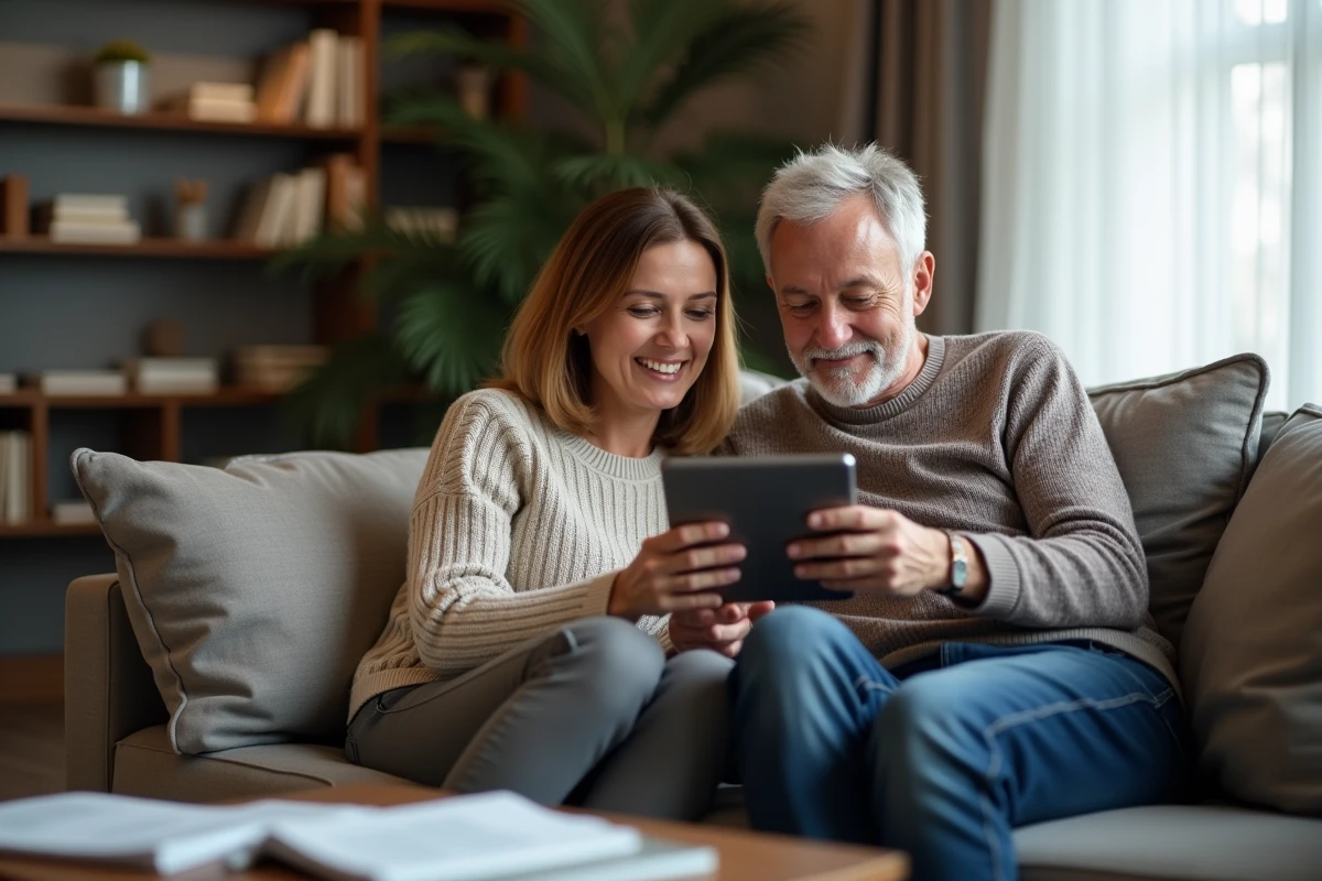 Couple consultant un simulateur de prime pouvoir d'achat 2026 sur une tablette dans leur salon