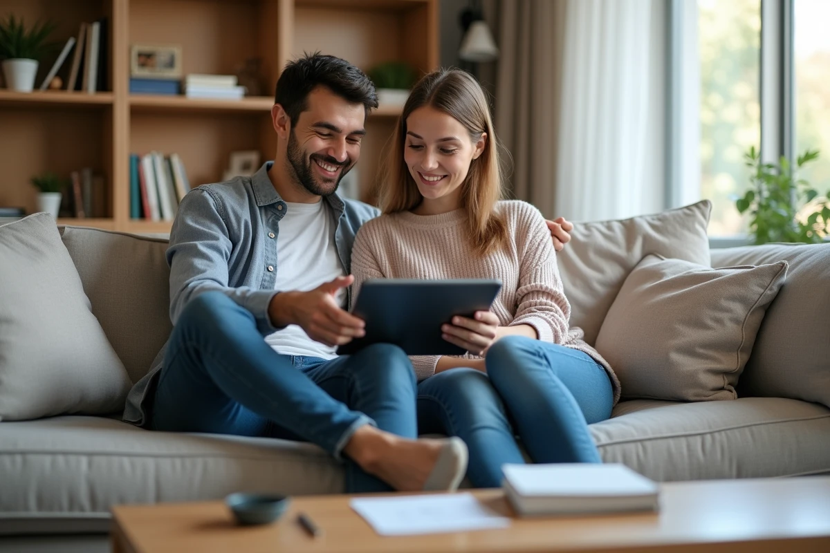 Couple consultant un tableau de bord bancaire en ligne sur une tablette pour optimiser leurs virements depuis leur salon