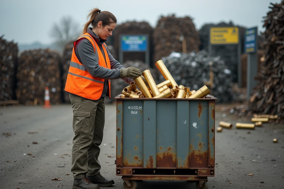 Femme déposant des chutes de laiton sur une balance dans un centre de recyclage de métaux