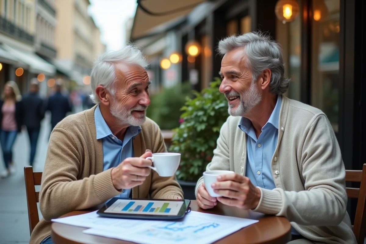 Deux hommes discutant de prêts en extérieur