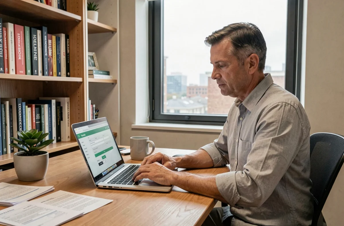 Entrepreneur masculin remplissant un formulaire de devis d'assurance responsabilité civile professionnelle en ligne depuis son bureau à domicile