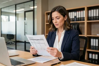 Femme professionnelle examinant un devis d'assurance responsabilité civile professionnelle dans un bureau moderne