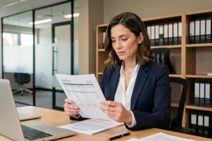 Femme professionnelle examinant un devis d'assurance responsabilité civile professionnelle dans un bureau moderne