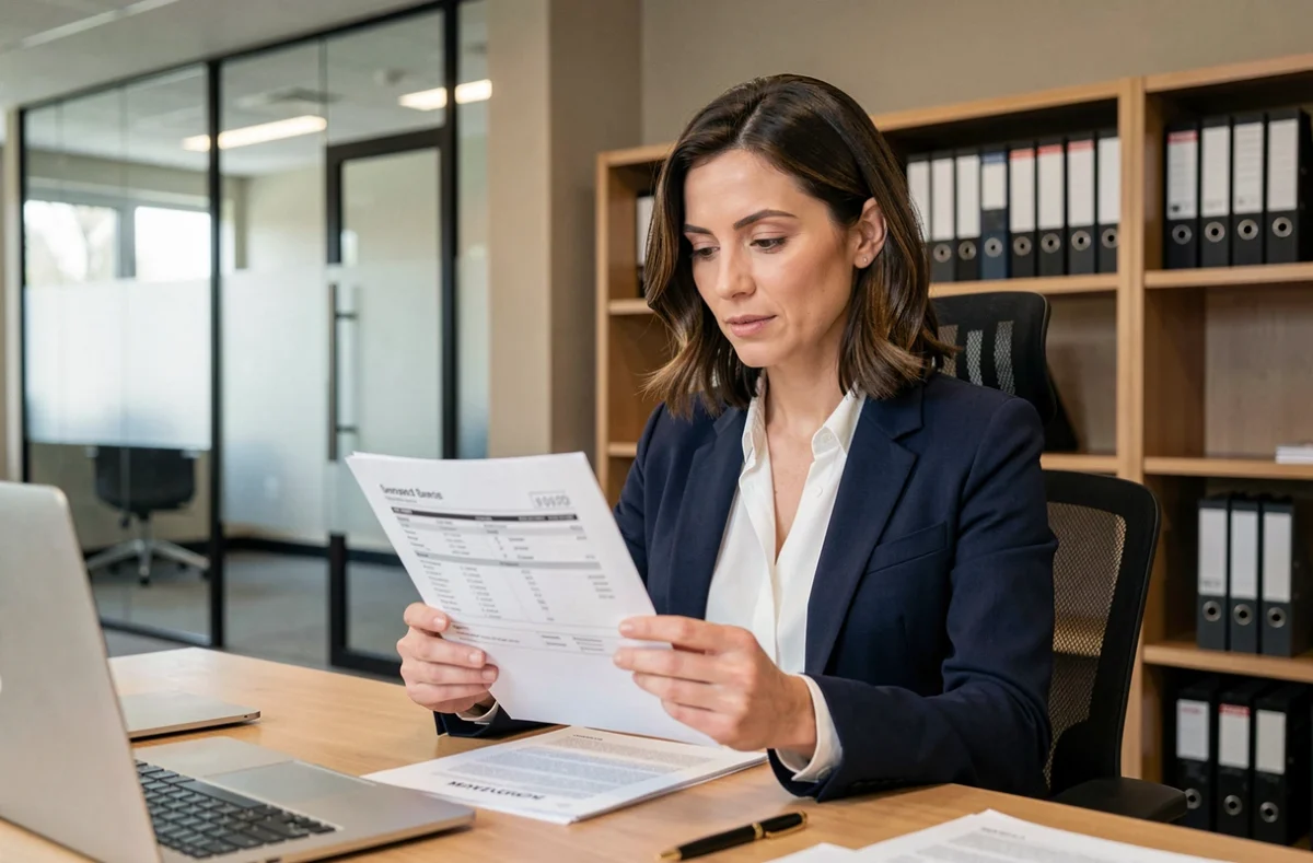Femme professionnelle examinant un devis d'assurance responsabilité civile professionnelle dans un bureau moderne