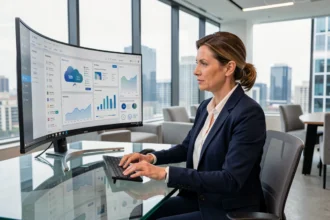 Directrice financière analysant un logiciel de comptabilité cloud sur grand écran dans un bureau d'entreprise moderne