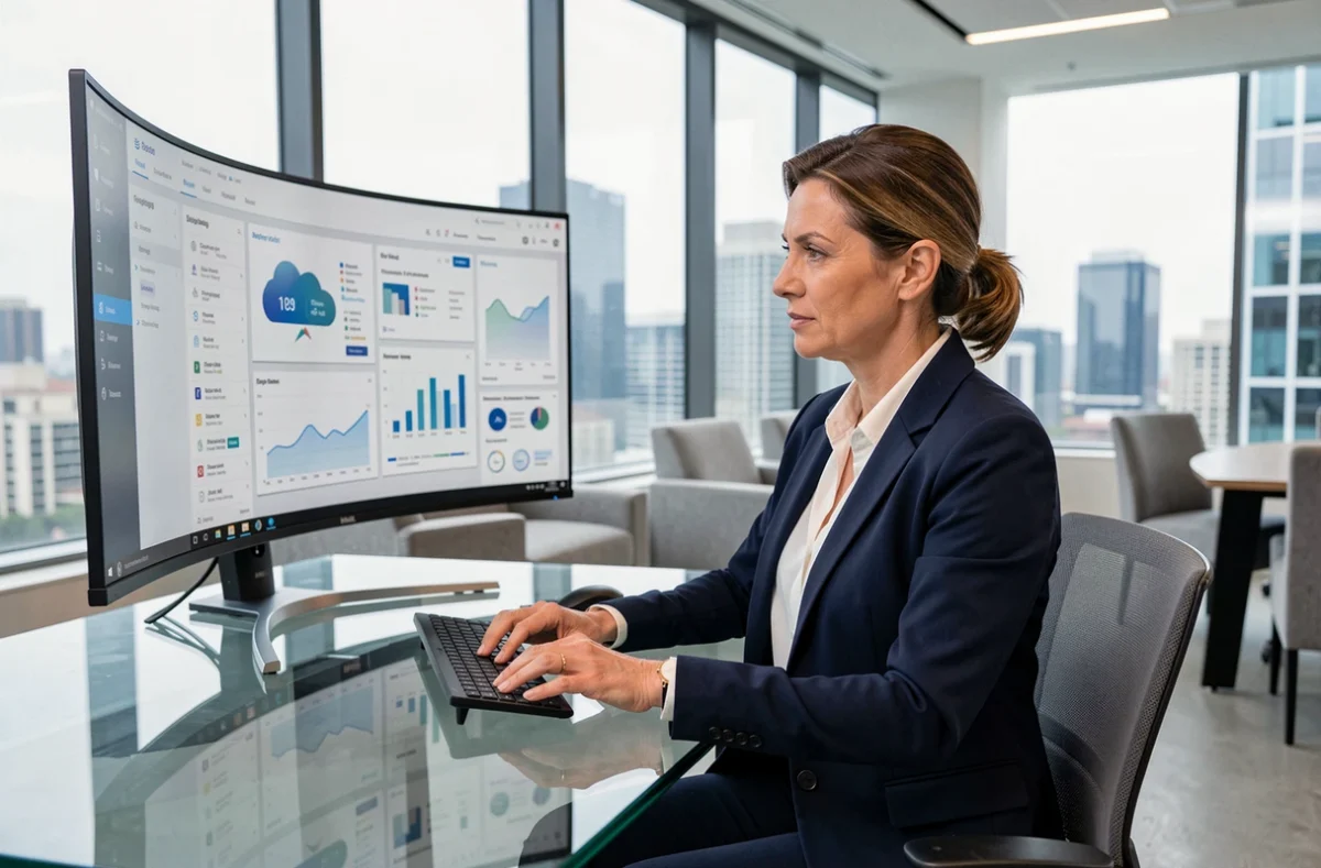 Directrice financière analysant un logiciel de comptabilité cloud sur grand écran dans un bureau d'entreprise moderne