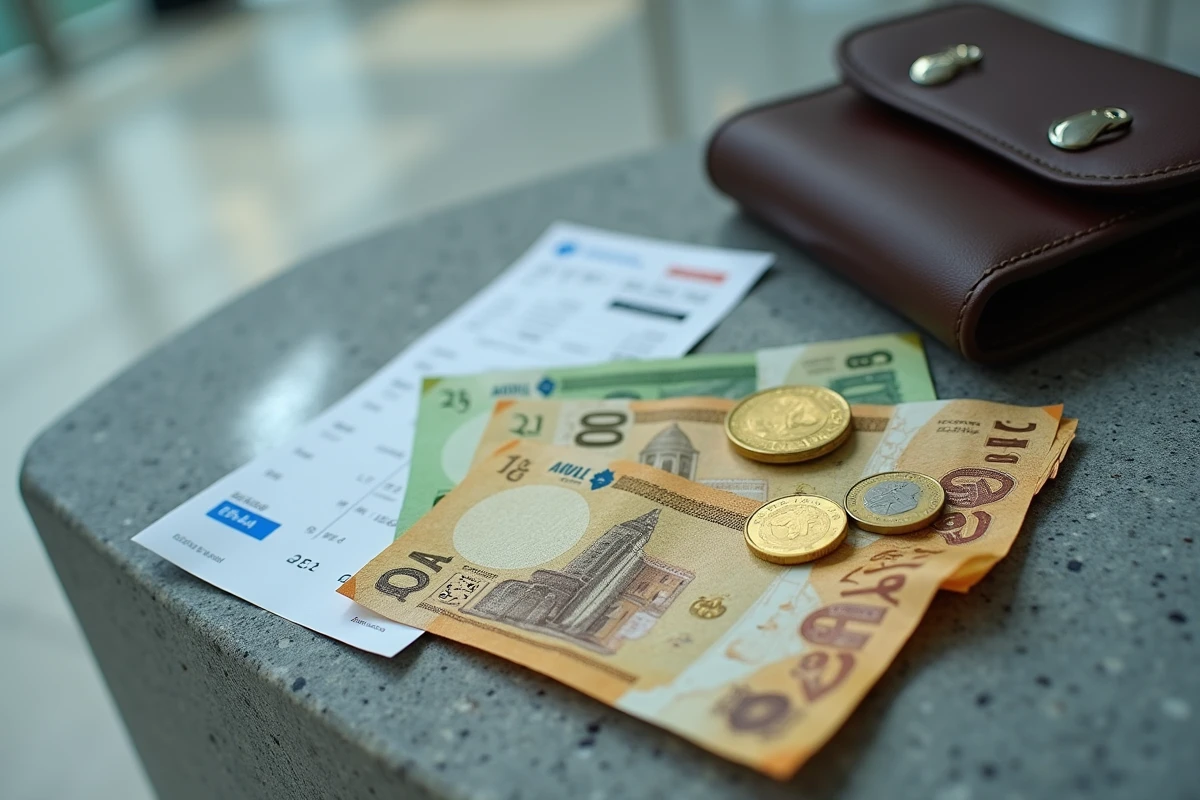 Dirhams émiratis, passeport et carte d'embarquement posés sur un banc à l'aéroport de Dubaï