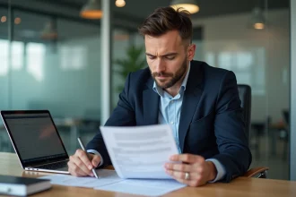 Dirigeant de PME assis à son bureau examinant des formulaires de déclaration fiscale TVS