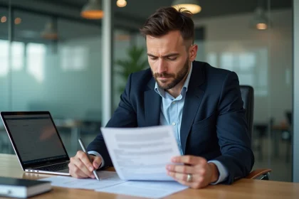 Dirigeant de PME assis à son bureau examinant des formulaires de déclaration fiscale TVS