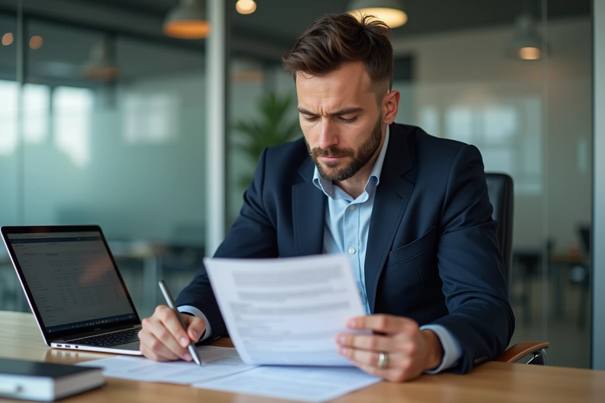 Dirigeant de PME assis à son bureau examinant des formulaires de déclaration fiscale TVS
