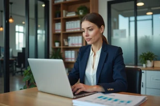 Dirigeante de PME utilisant un simulateur de retour sur investissement sur ordinateur portable dans son bureau professionnel