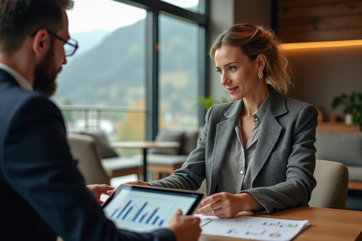 Analystes financiers discutant avec tablette