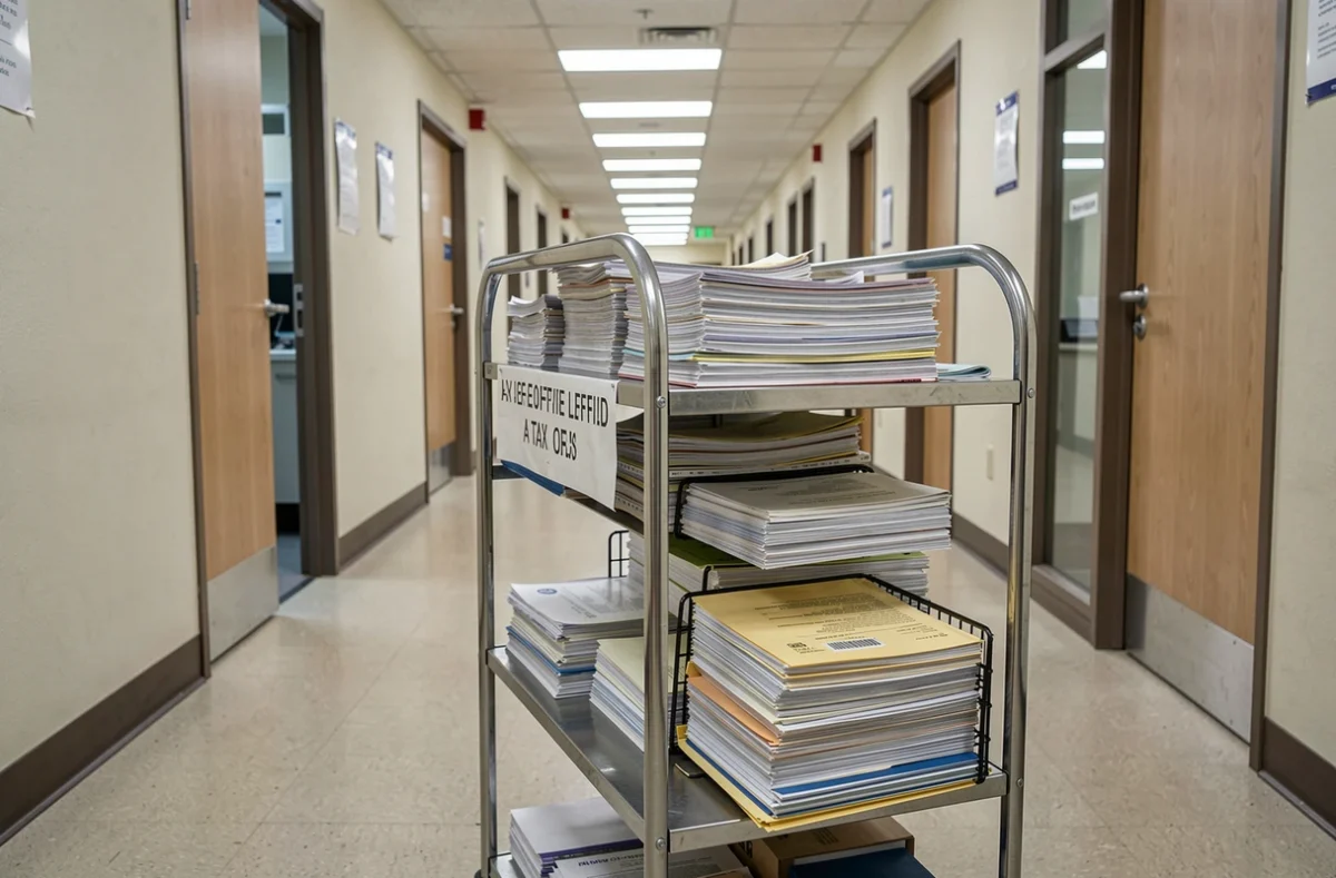 Dossiers administratifs empilés dans un couloir d'administration