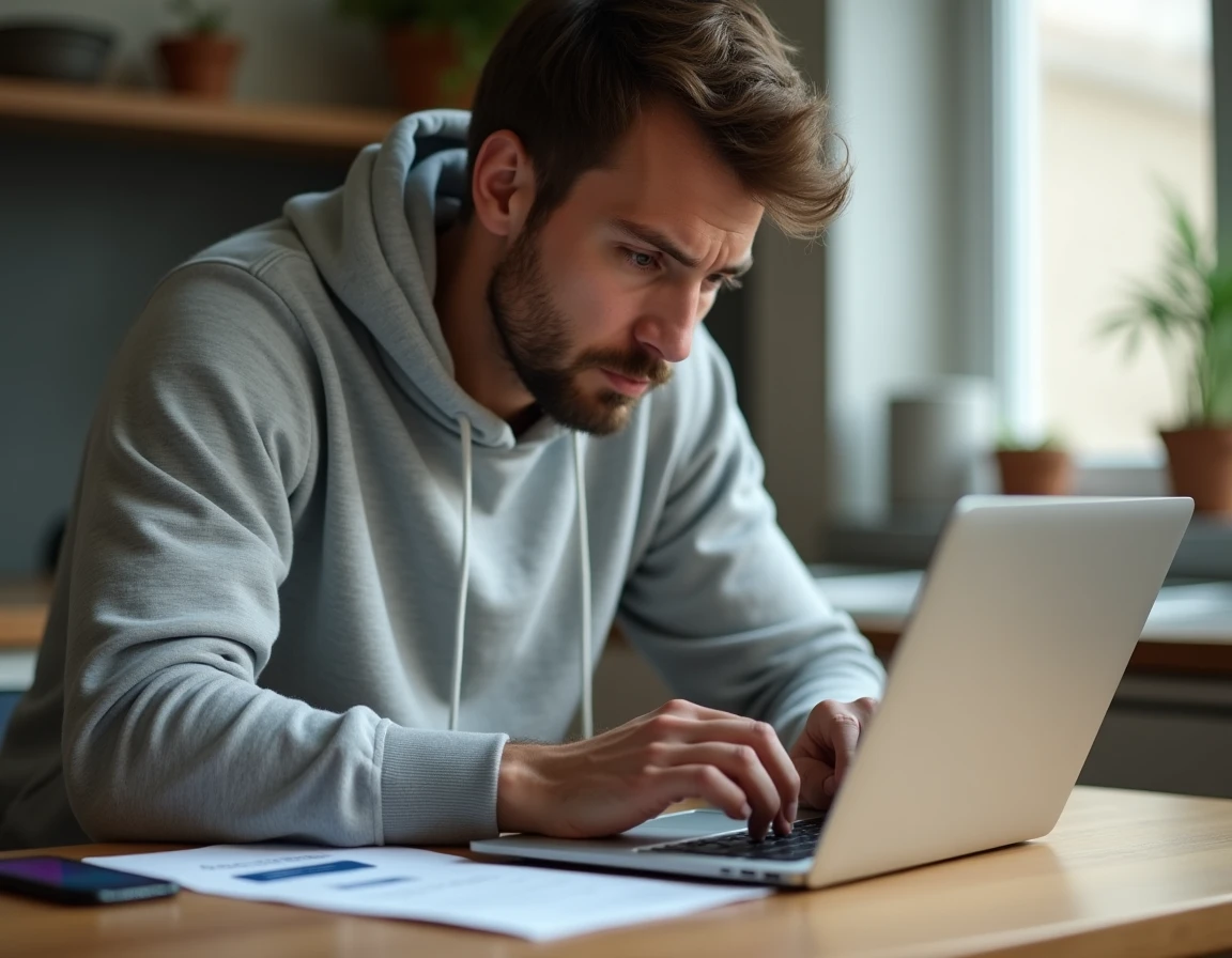 Jeune homme consultant ses droits suite à la fermeture de compte Ma French Bank sur son ordinateur à domicile