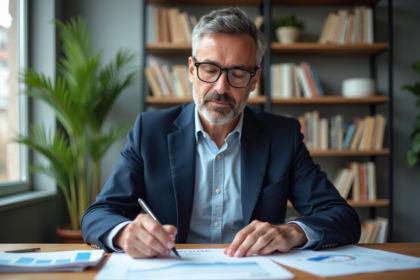 Economiste d'âge moyen examinant des graphiques dans un bureau lumineux