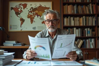 Économiste scrutant des classements de richesse des pays avec une expression sceptique dans un bureau universitaire encombré de rapports et de graphiques