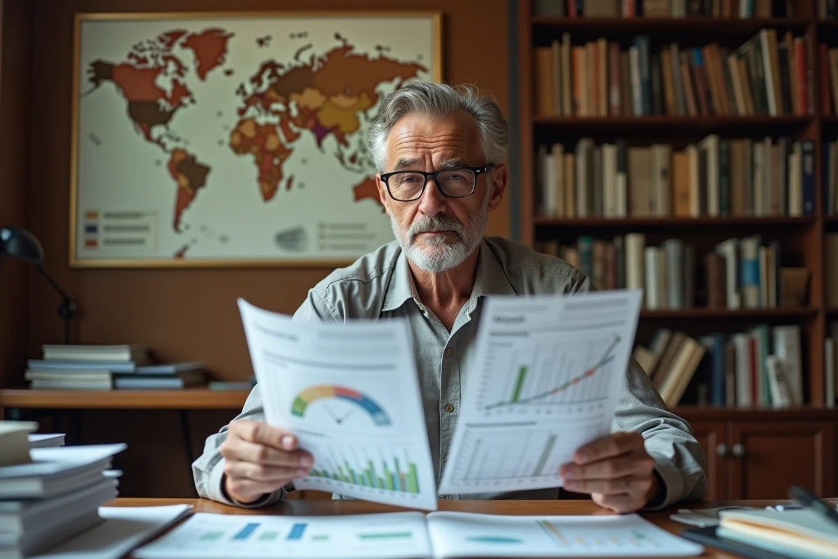 Économiste scrutant des classements de richesse des pays avec une expression sceptique dans un bureau universitaire encombré de rapports et de graphiques