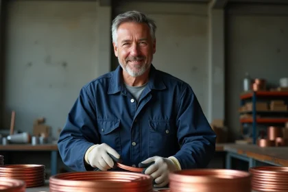 Électricien triant des câbles en cuivre rouge dénudé dans un atelier de recyclage industriel