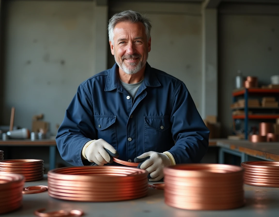 Électricien triant des câbles en cuivre rouge dénudé dans un atelier de recyclage industriel
