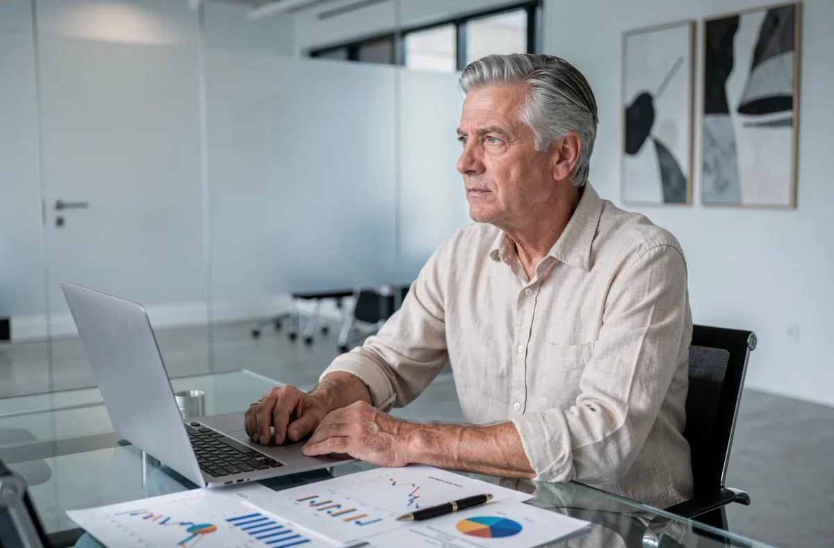 Homme mature réfléchissant à des graphiques financiers dans une salle de réunion moderne, évoquant l'analyse de fortune et les rumeurs sur la richesse d'Emmanuel de Villiers