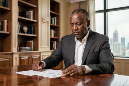 Portrait d'un homme d'affaires distingué examinant des documents financiers dans un bureau exécutif haut de gamme, illustrant la fortune et le patrimoine d'Emmanuel de Villiers