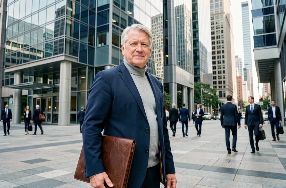 Homme d'affaires prospère devant un immeuble de la finance en ville, symbolisant la réussite économique et le patrimoine net d'Emmanuel de Villiers