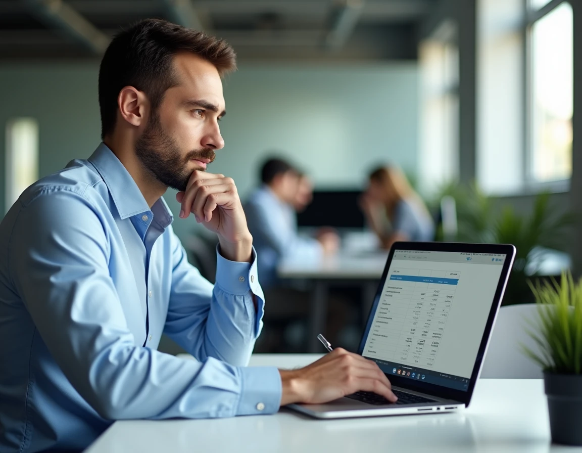 Employé de bureau analysant un tableau de versements de prime échelonnée sur son ordinateur portable