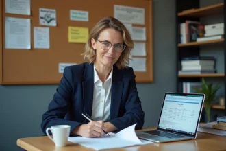 Enseignante utilisant un simulateur de salaire sur ordinateur pour préparer une demande de mutation