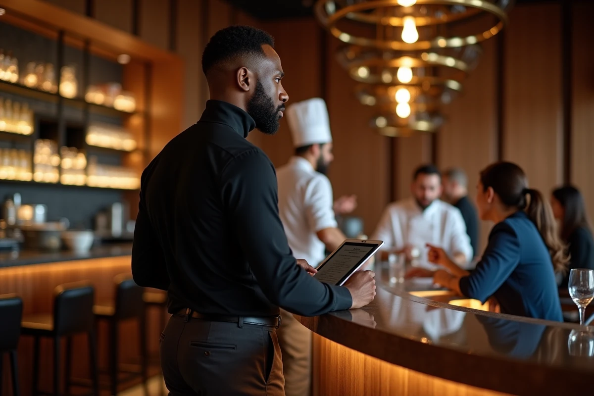 Entrepreneur inspectant son restaurant gastronomique moderne, illustrant la diversification des investissements et la construction de fortune après le sport professionnel