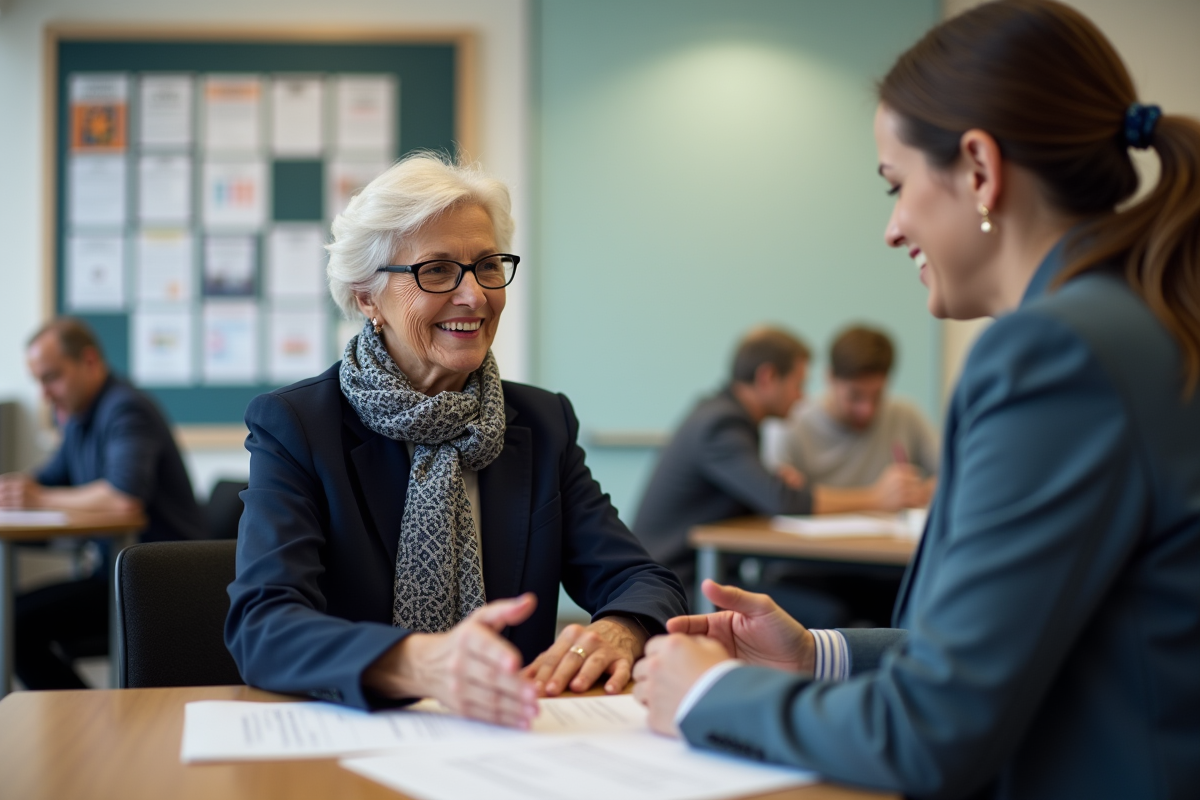 Femme souriante en entretien avec conseiller emploi