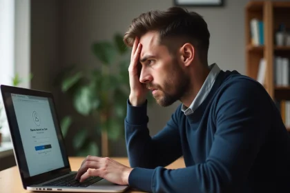 Homme frustré face à une erreur de connexion bancaire sur son ordinateur portable à domicile