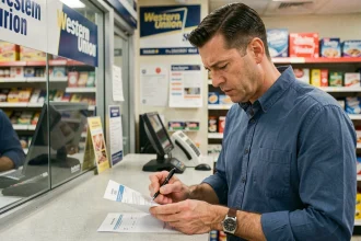 Homme vérifiant un formulaire de transfert Western Union au guichet d'un magasin pour éviter les erreurs d'envoi d'argent